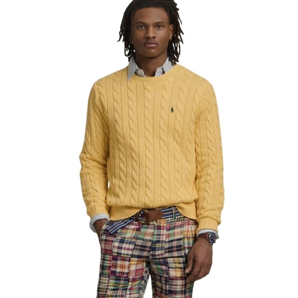 Polo Ralph Lauren CableKnit Cotton Sweater Fall Yellow Size XL Designer Classic - Picture 8 of 13